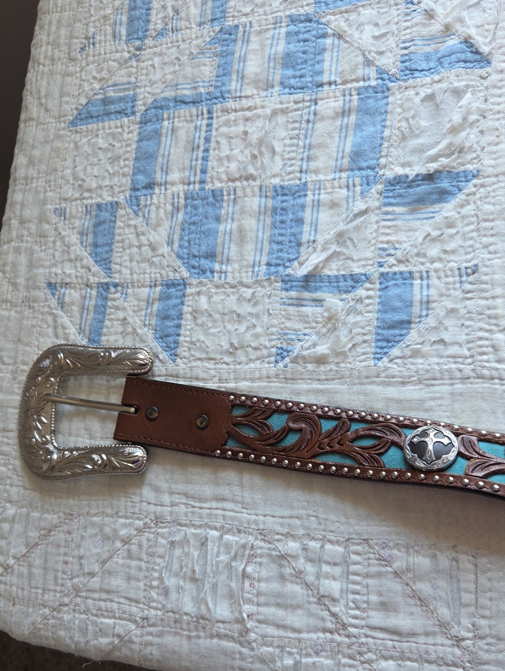 Brown Leather Western Belt with Turquoise Inlay and Silver-Tone Buckle